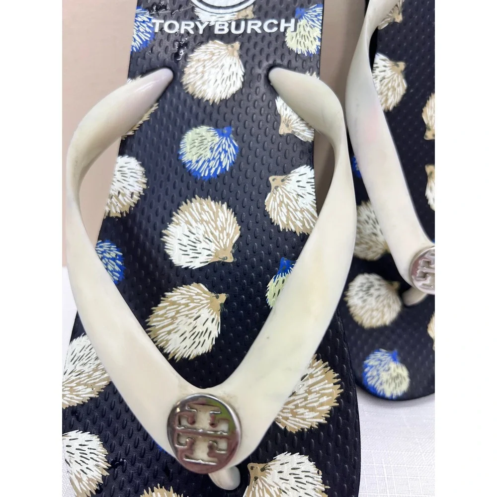 Tory Burch Flip Flop Sandals Womens 8 Black Hedgehog Print Good Casual Thong